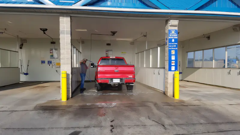 man washing red pickup truck at coin car wash in Brooklin